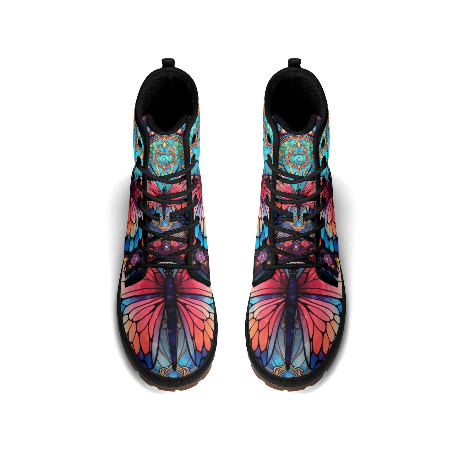 Blue Red Butterfly Stained Glass Womens Combat Boots