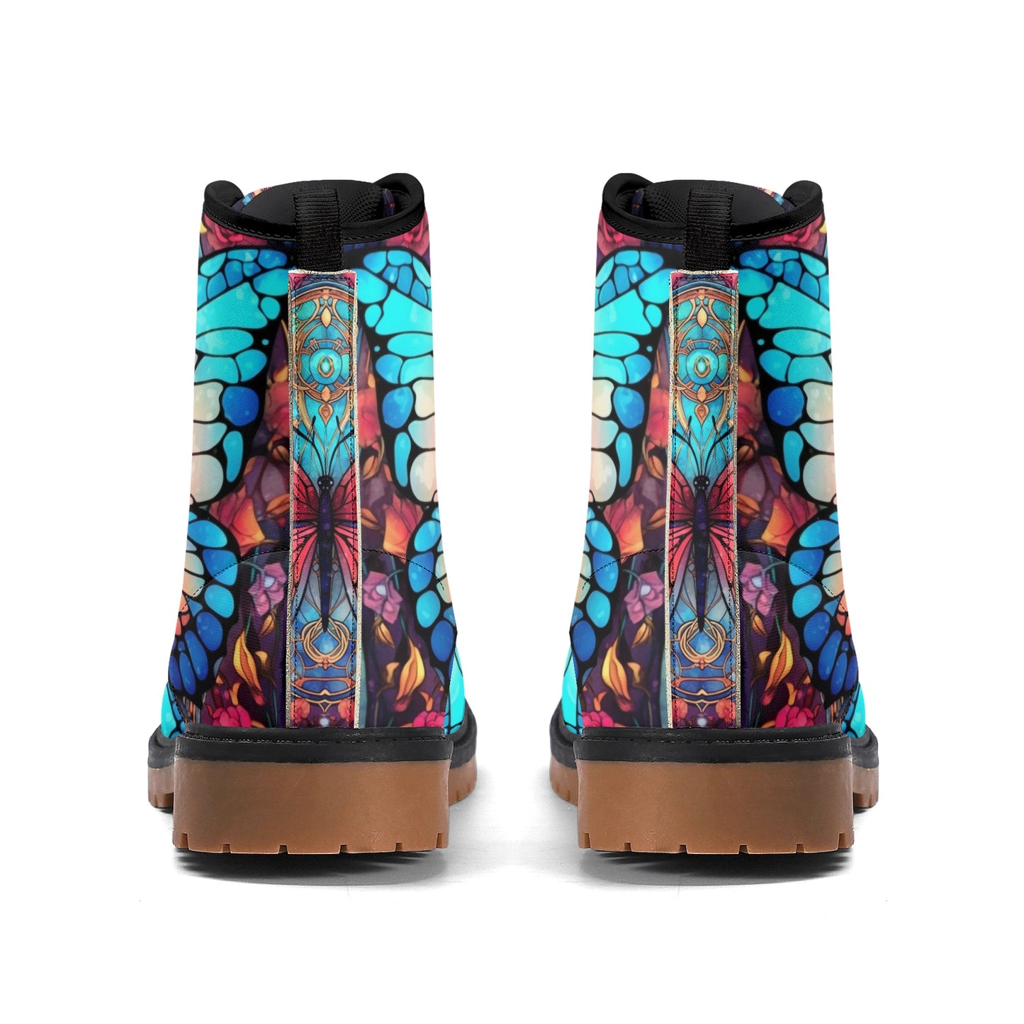 Blue Red Butterfly Stained Glass Womens Combat Boots