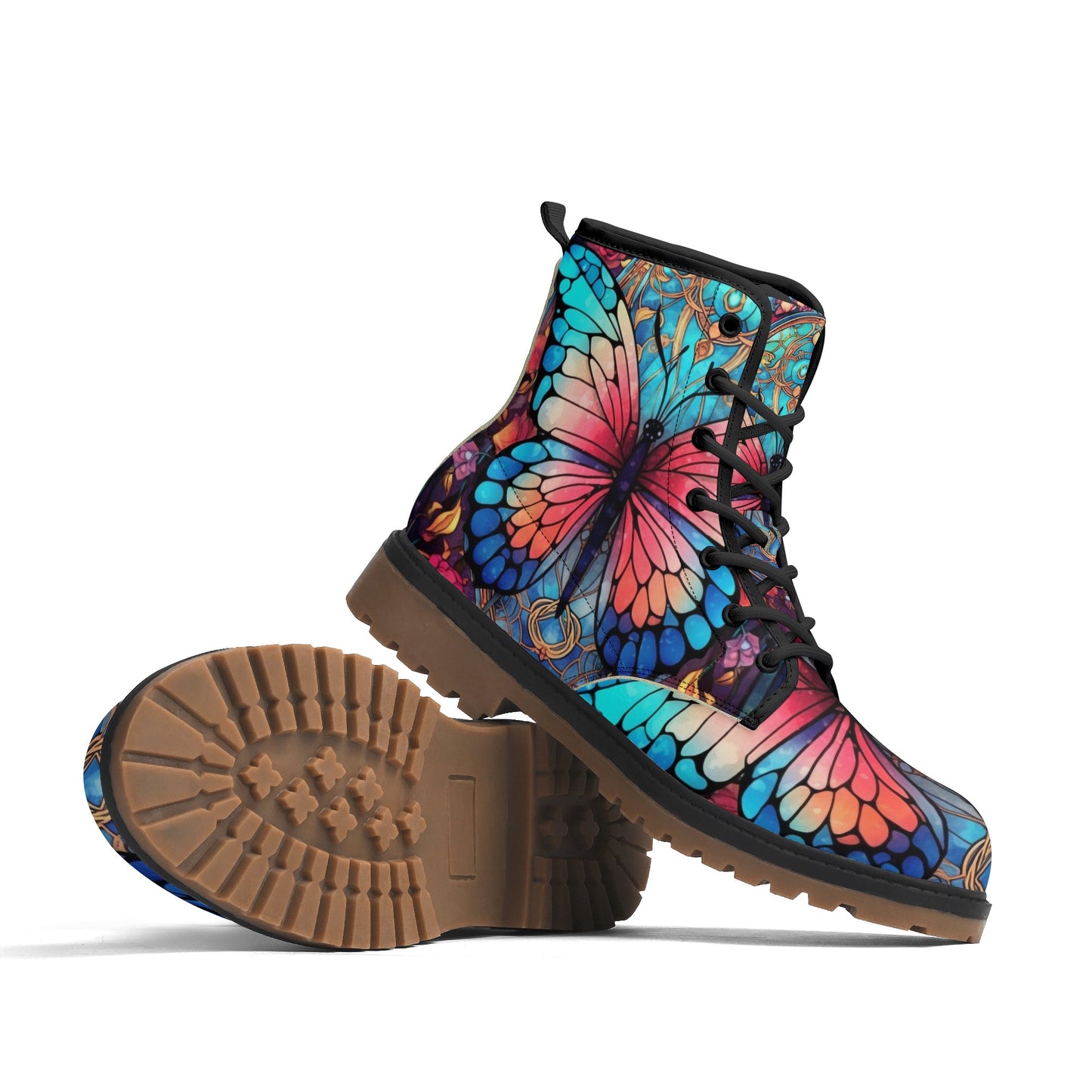 Blue Red Butterfly Stained Glass Womens Combat Boots