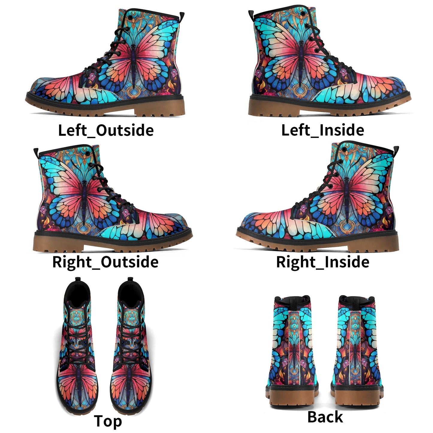 Blue Red Butterfly Stained Glass Womens Combat Boots