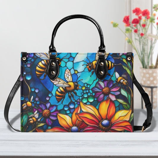 Colorful Bees Flowers Luxury Womens Vegan Leather Handbag