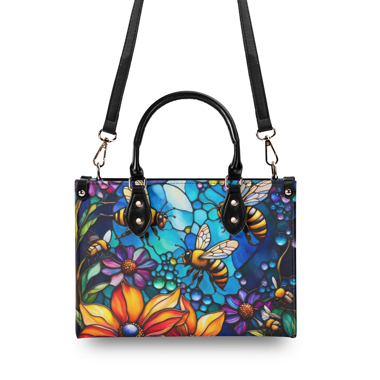 Colorful Bees Flowers Luxury Womens Vegan Leather Handbag
