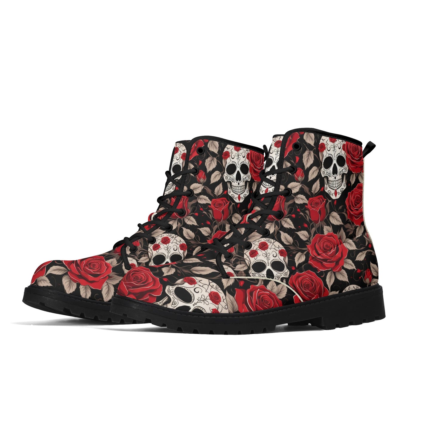 Skull and Red Roses Womens Vegan Combat Boots