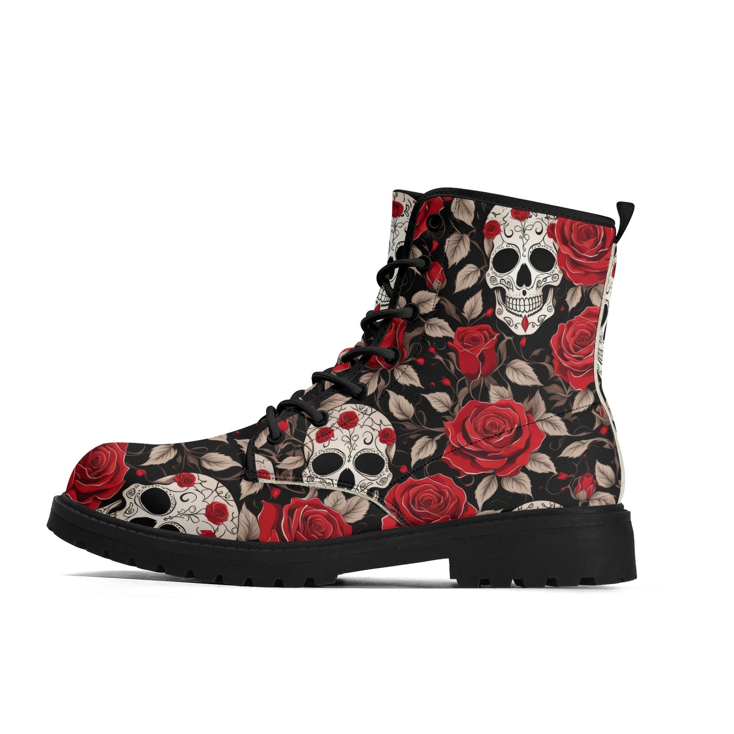 Skull and Red Roses Womens Vegan Combat Boots