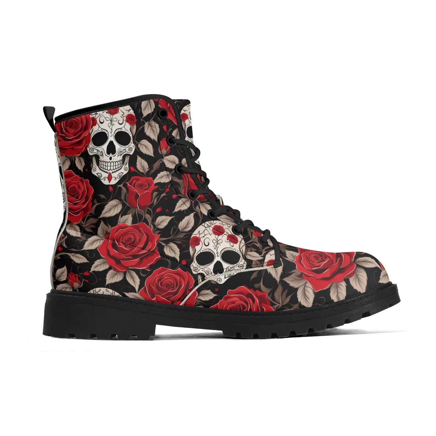 Skull and Red Roses Womens Vegan Combat Boots