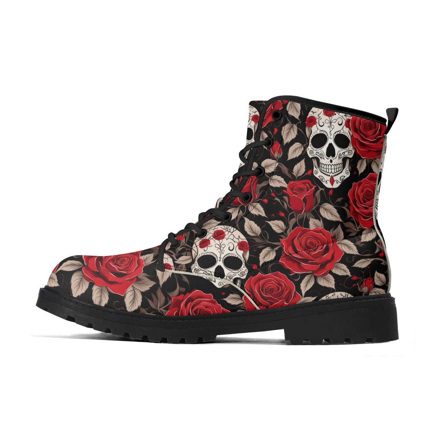 Skull and Red Roses Womens Vegan Combat Boots