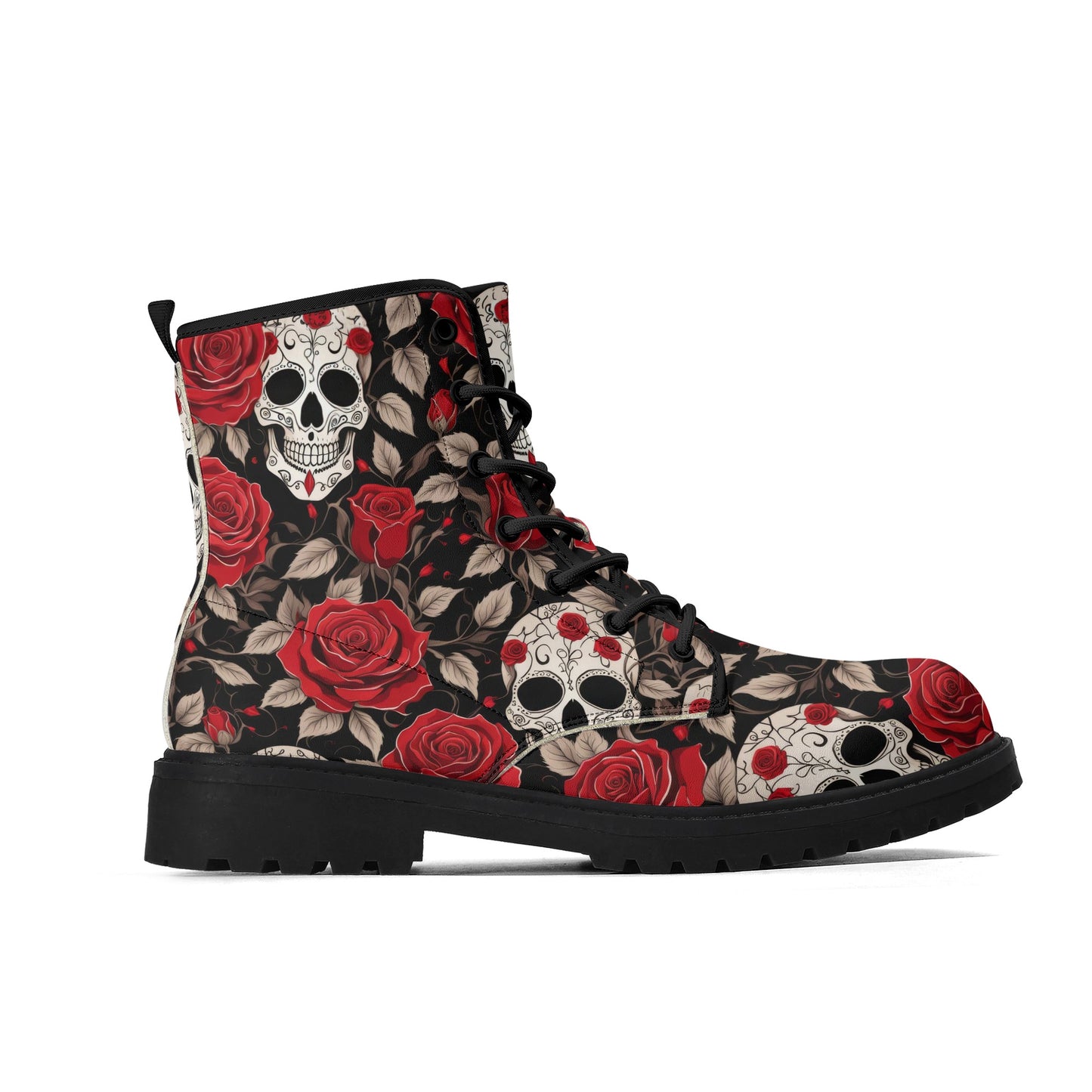 Skull and Red Roses Womens Vegan Combat Boots