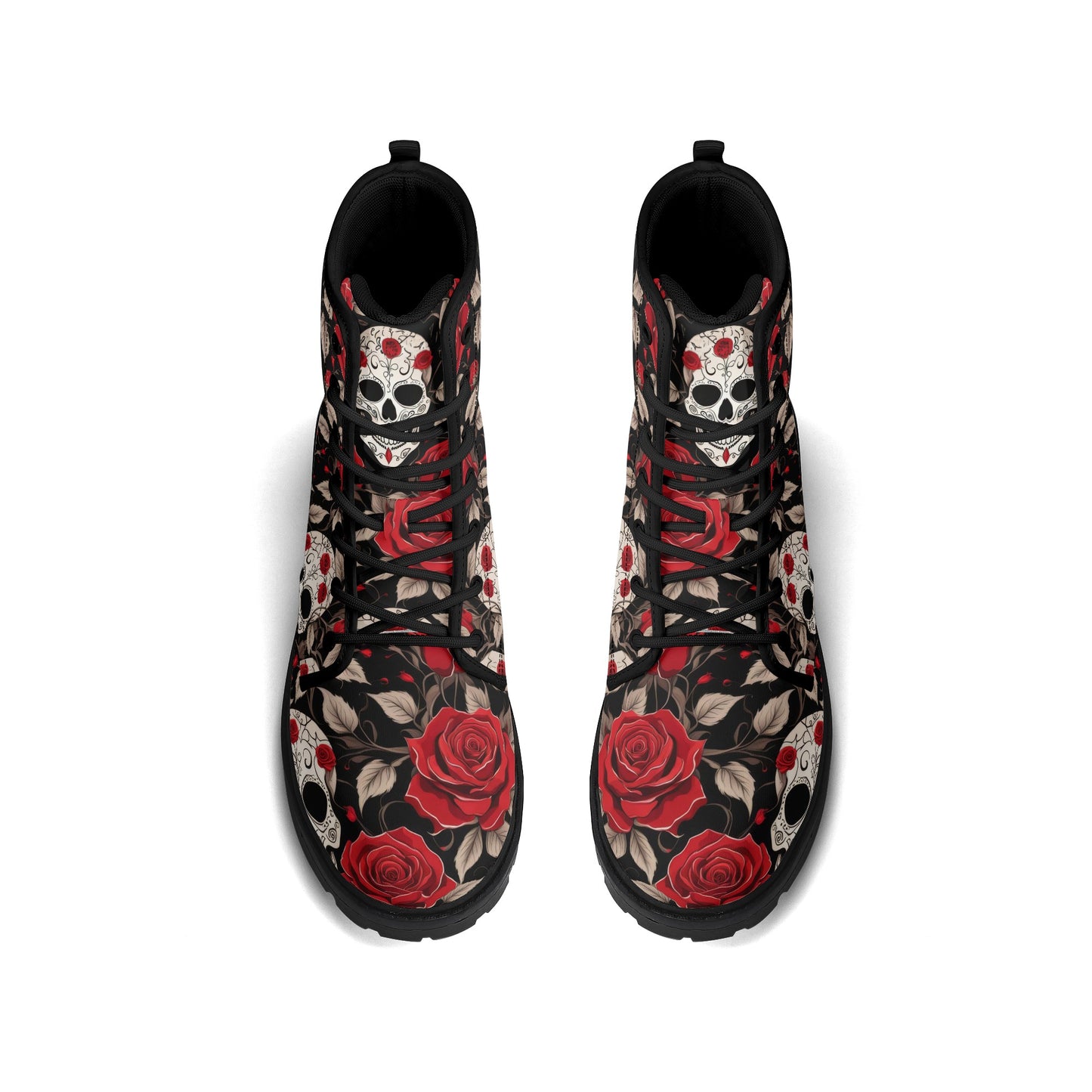 Skull and Red Roses Womens Vegan Combat Boots