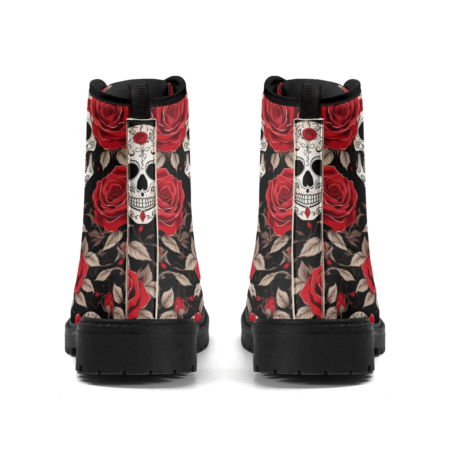 Skull and Red Roses Womens Vegan Combat Boots