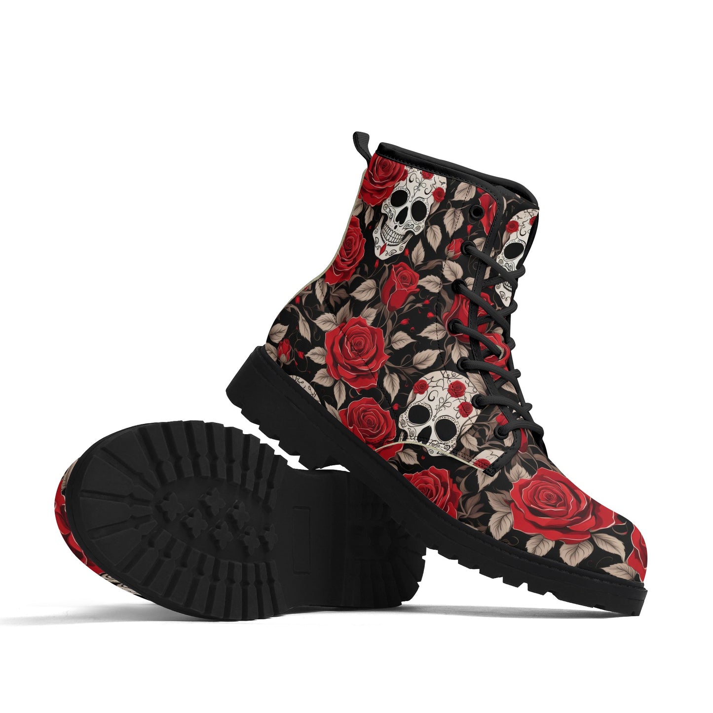 Skull and Red Roses Womens Vegan Combat Boots