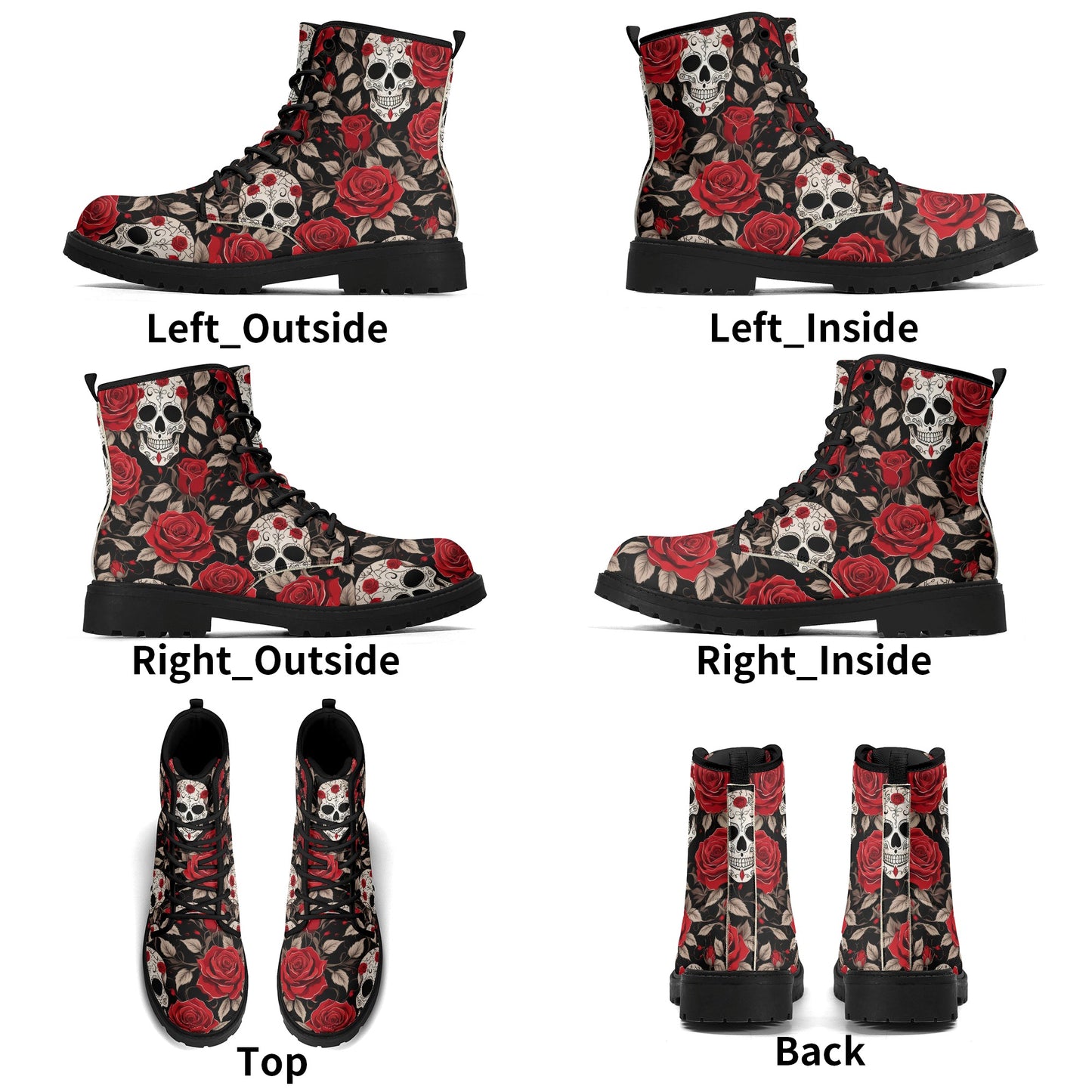 Skull and Red Roses Womens Vegan Combat Boots