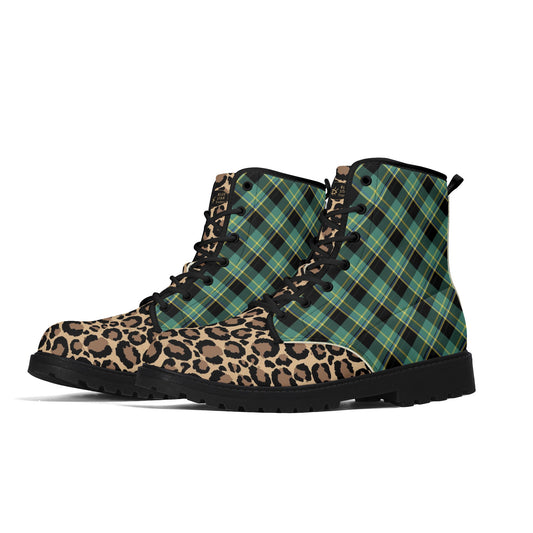 Green Plaid & Leopard Print Womens Vegan Combat Boots