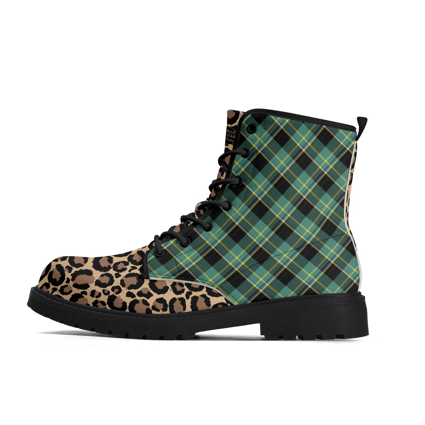 Green Plaid & Leopard Print Womens Vegan Combat Boots