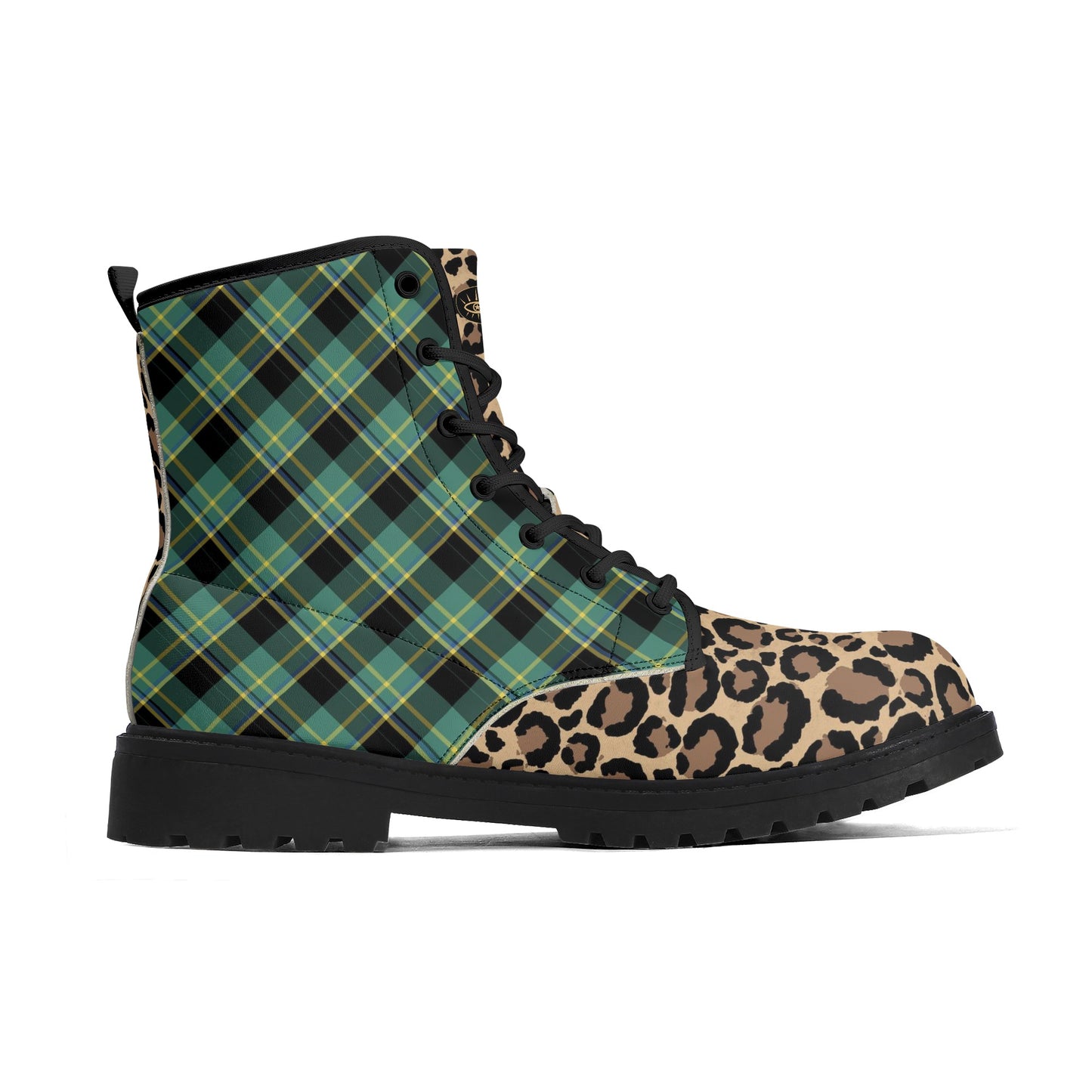 Green Plaid & Leopard Print Womens Vegan Combat Boots