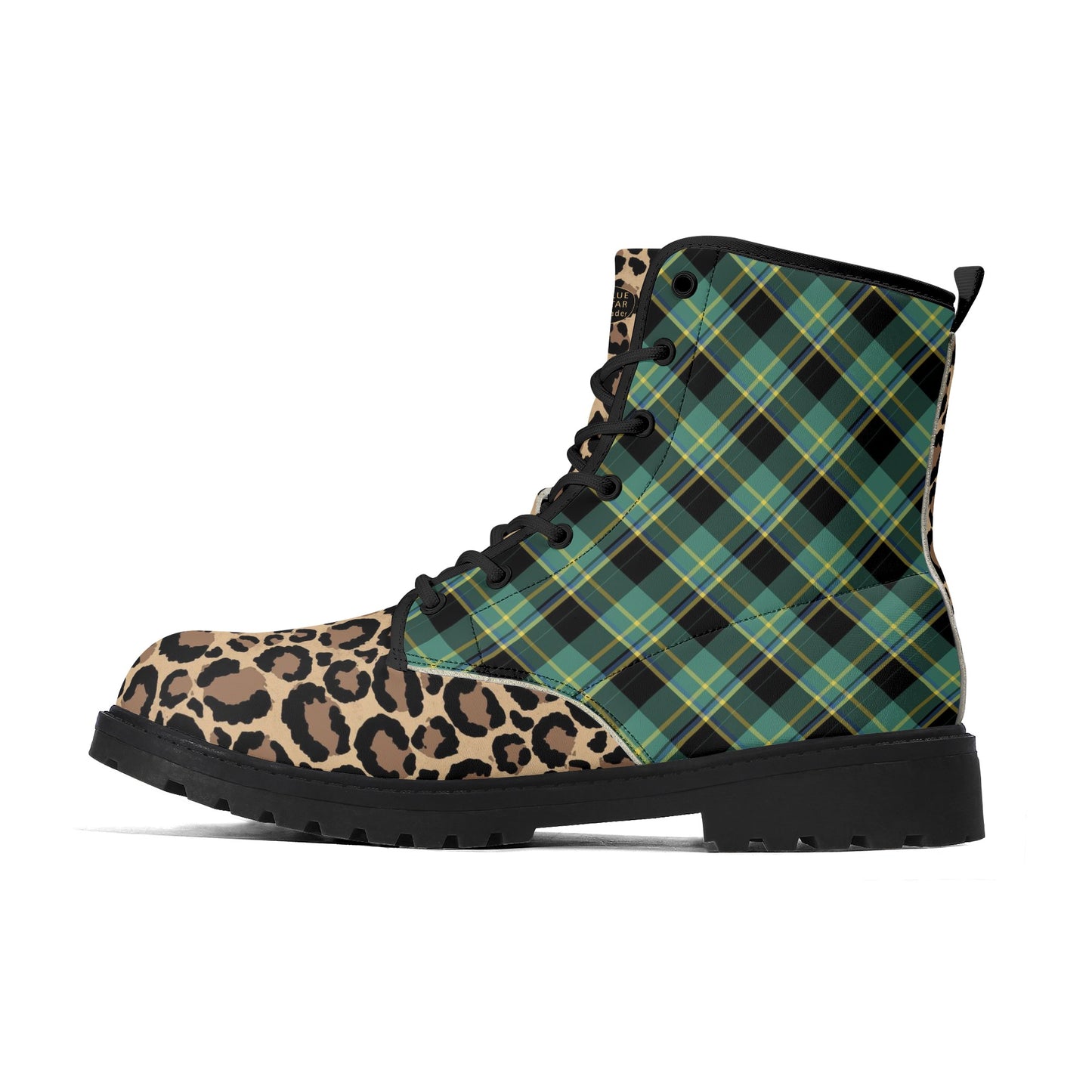 Green Plaid & Leopard Print Womens Vegan Combat Boots