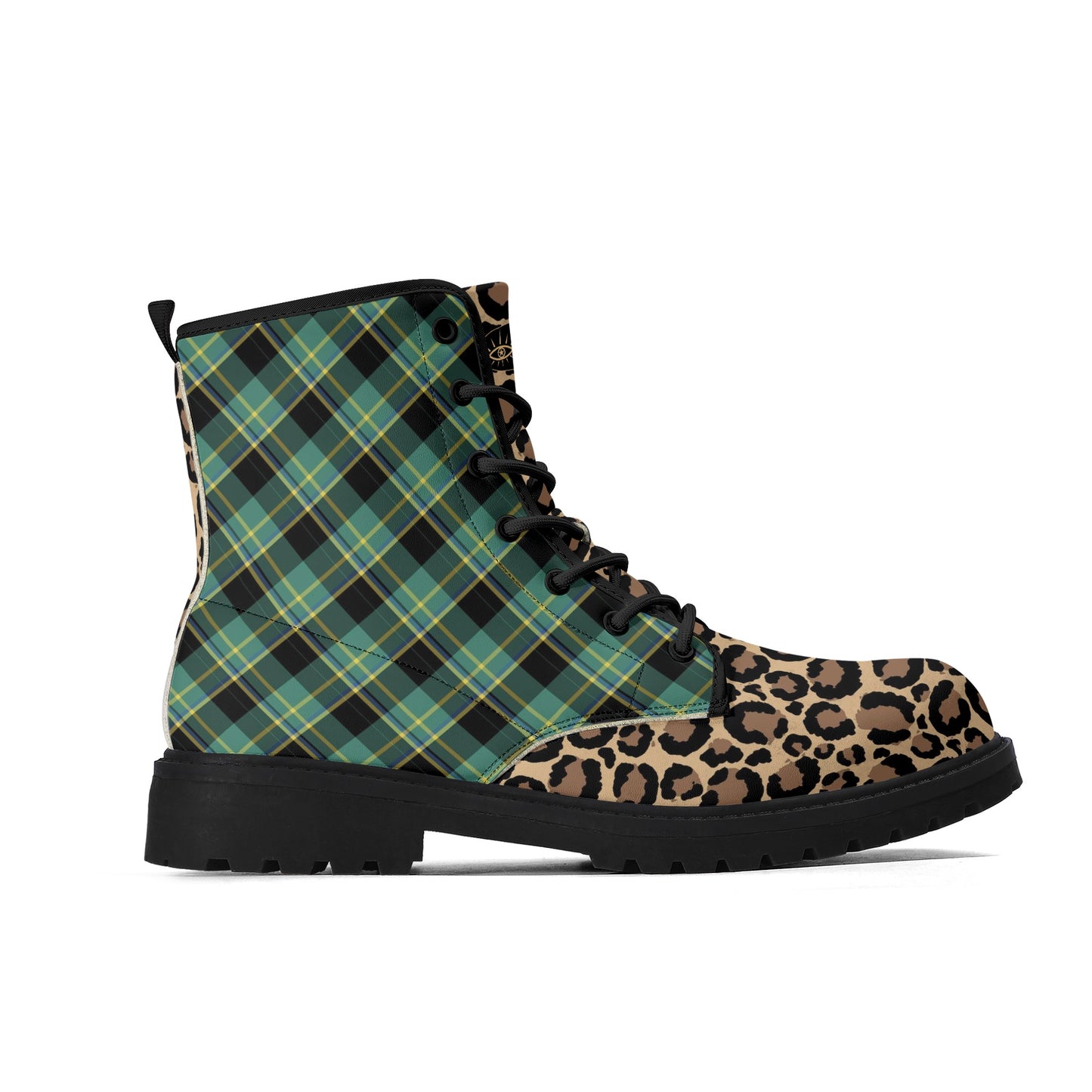 Green Plaid & Leopard Print Womens Vegan Combat Boots