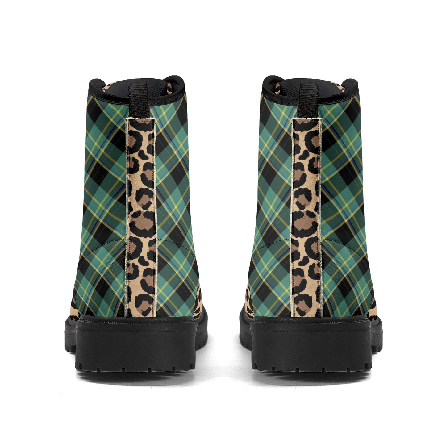 Green Plaid & Leopard Print Womens Vegan Combat Boots