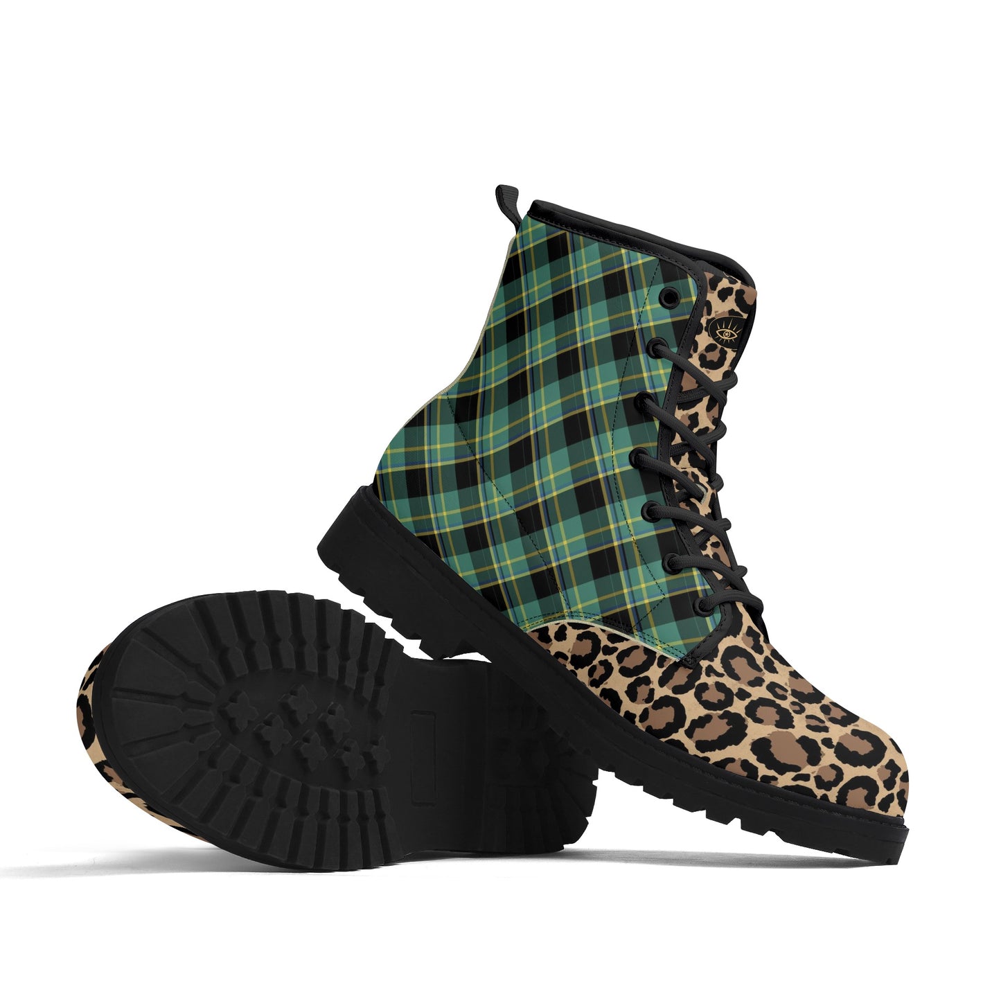 Green Plaid & Leopard Print Womens Vegan Combat Boots