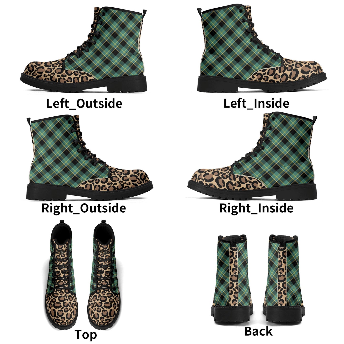 Green Plaid & Leopard Print Womens Vegan Combat Boots