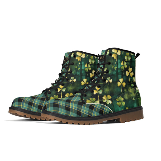 Green Plaid & Shamrocks Mens Upgraded Brown Outsole Vegan Boots