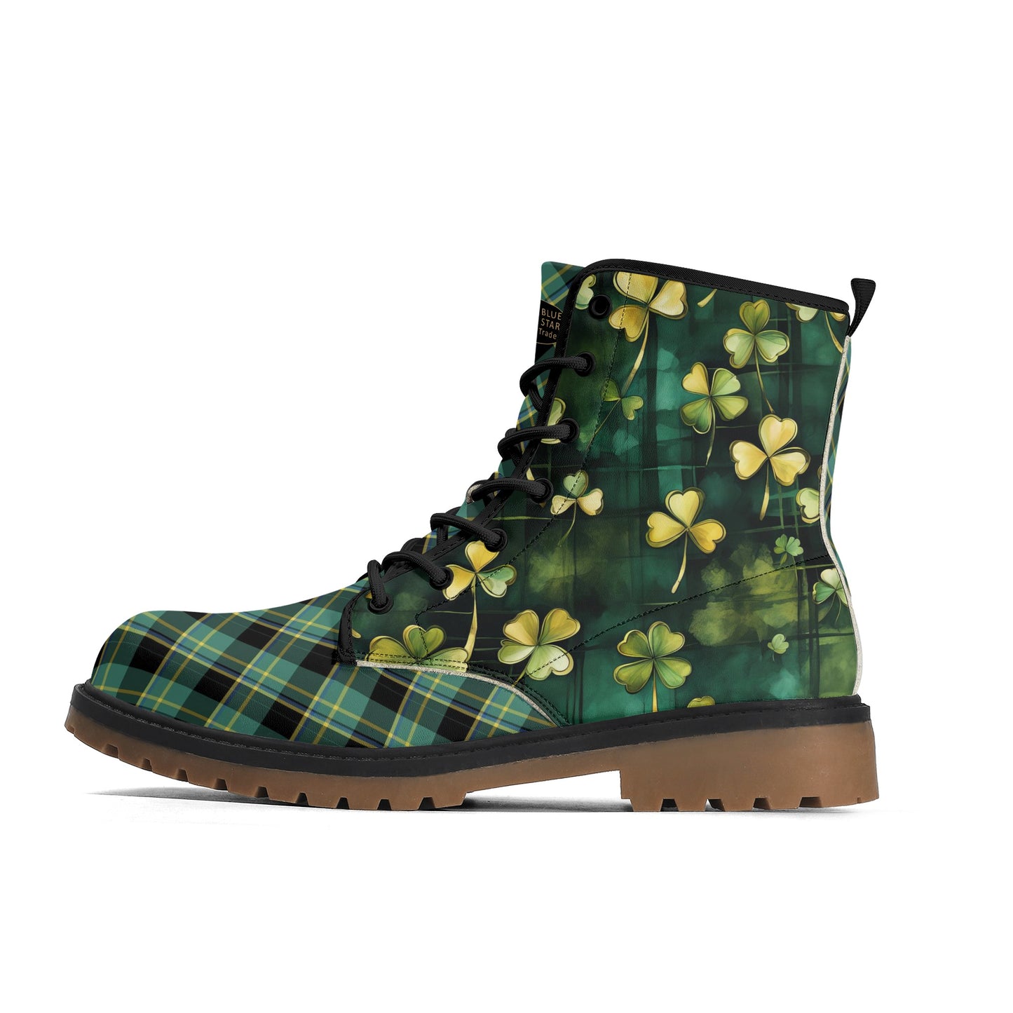 Green Plaid & Shamrocks Mens Upgraded Brown Outsole Vegan Boots