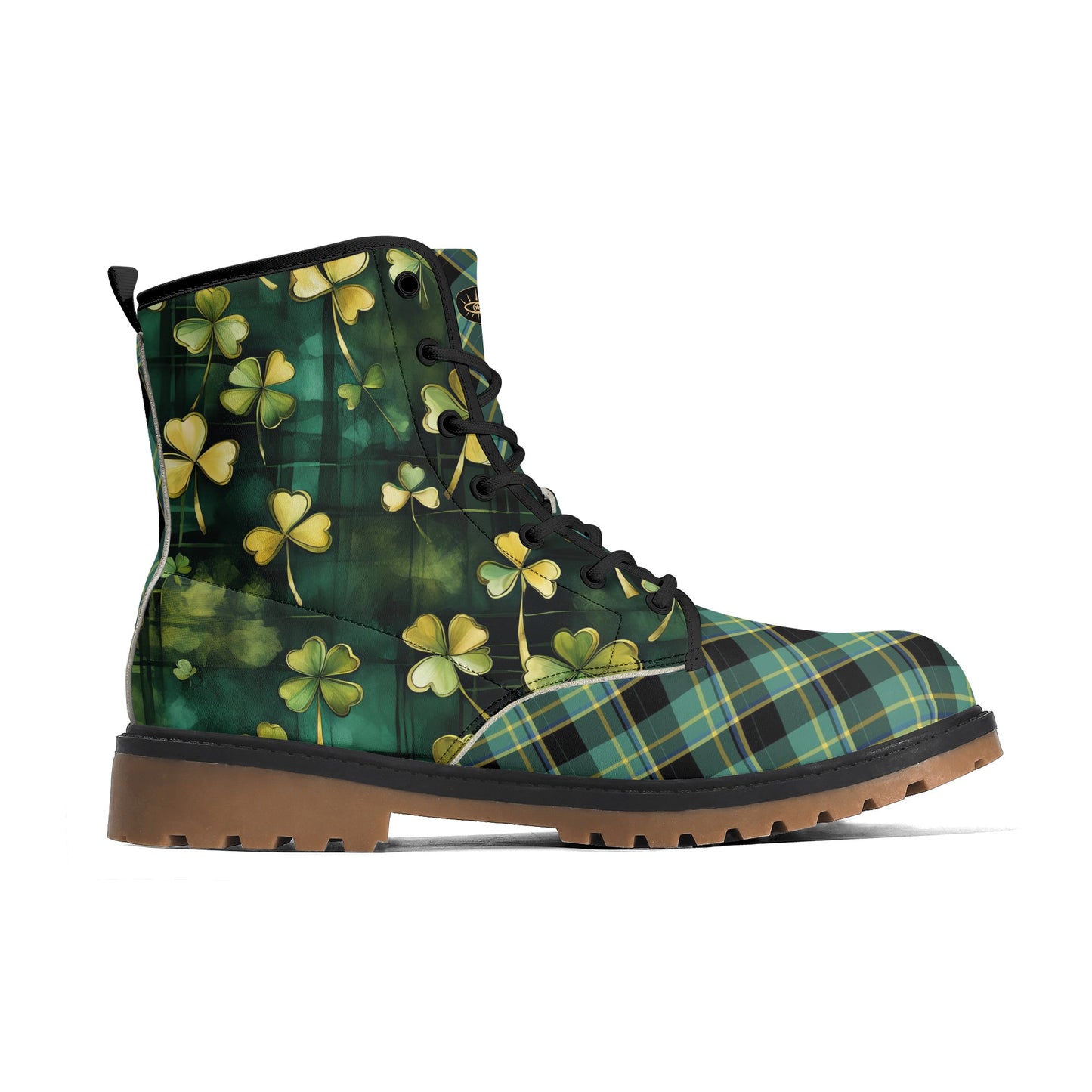 Green Plaid & Shamrocks Mens Upgraded Brown Outsole Vegan Boots