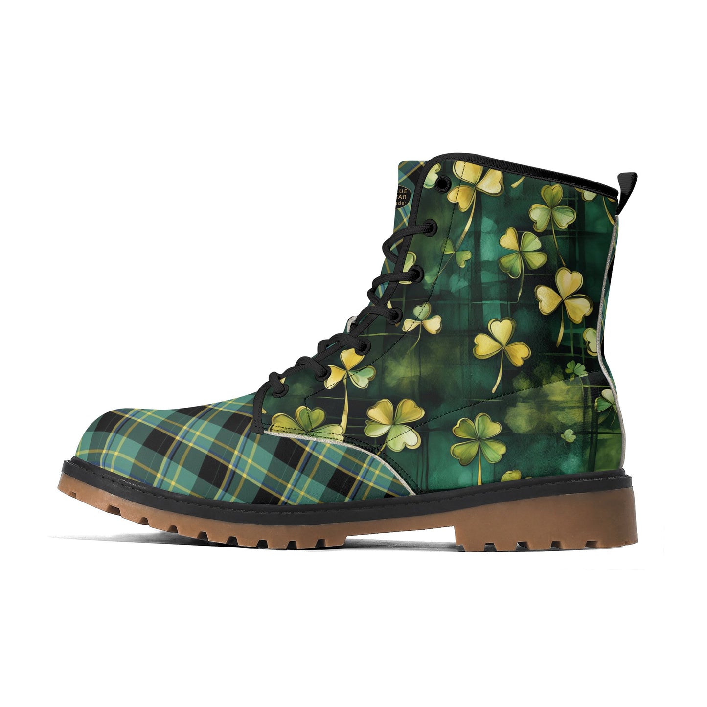 Green Plaid & Shamrocks Mens Upgraded Brown Outsole Vegan Boots