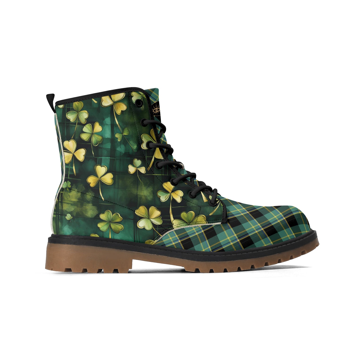 Green Plaid & Shamrocks Mens Upgraded Brown Outsole Vegan Boots