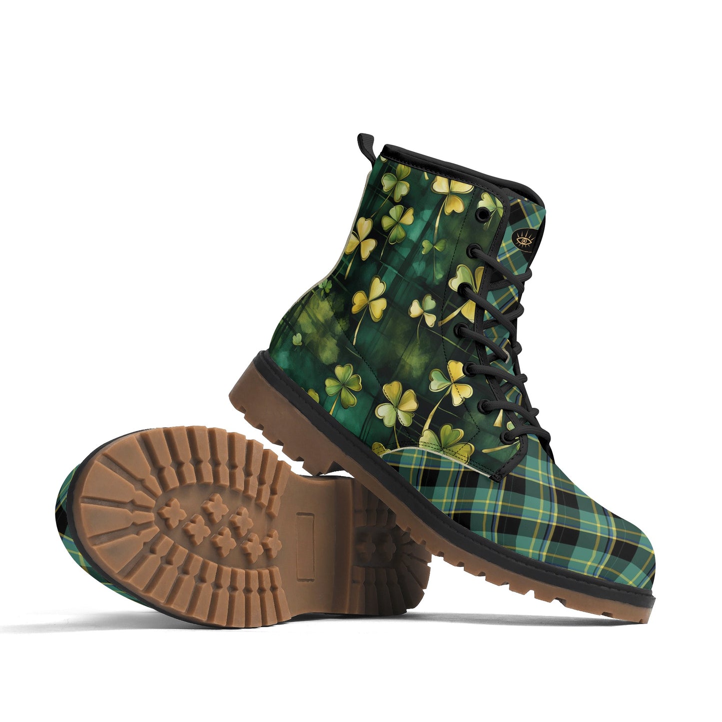 Green Plaid & Shamrocks Mens Upgraded Brown Outsole Vegan Boots