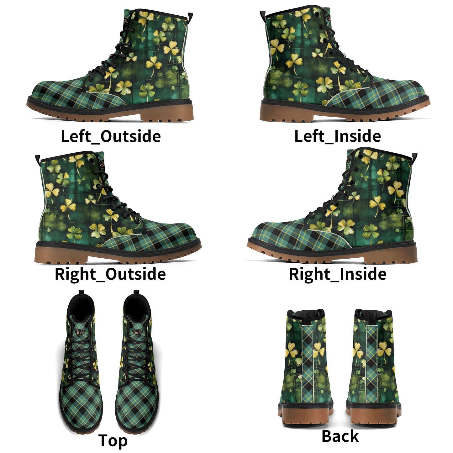 Green Plaid & Shamrocks Mens Upgraded Brown Outsole Vegan Boots