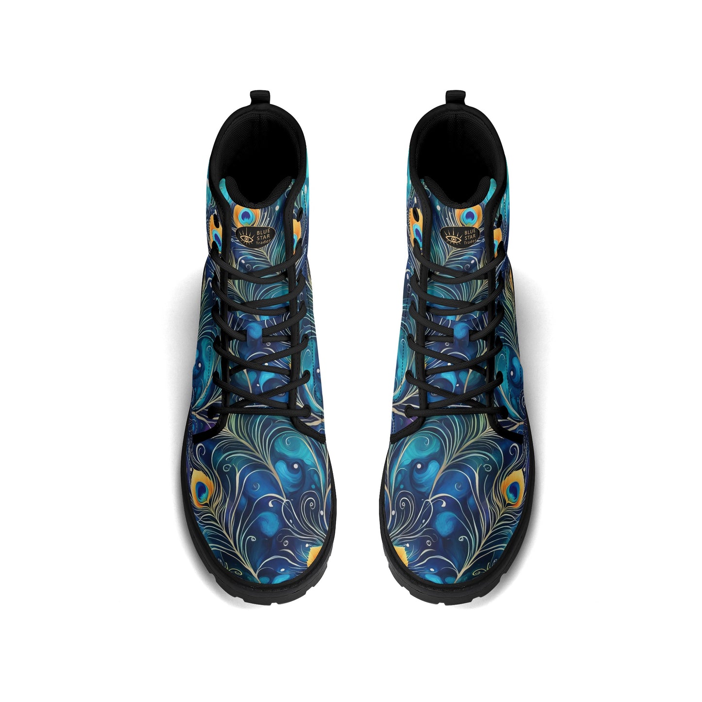 Colorful Blue Peacock Feathers Womens Black Outsole Vegan Boots