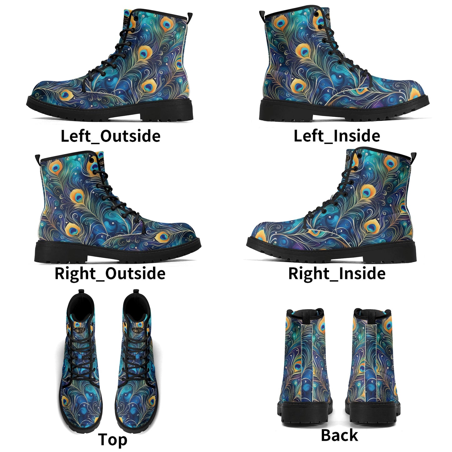 Colorful Blue Peacock Feathers Womens Black Outsole Vegan Boots