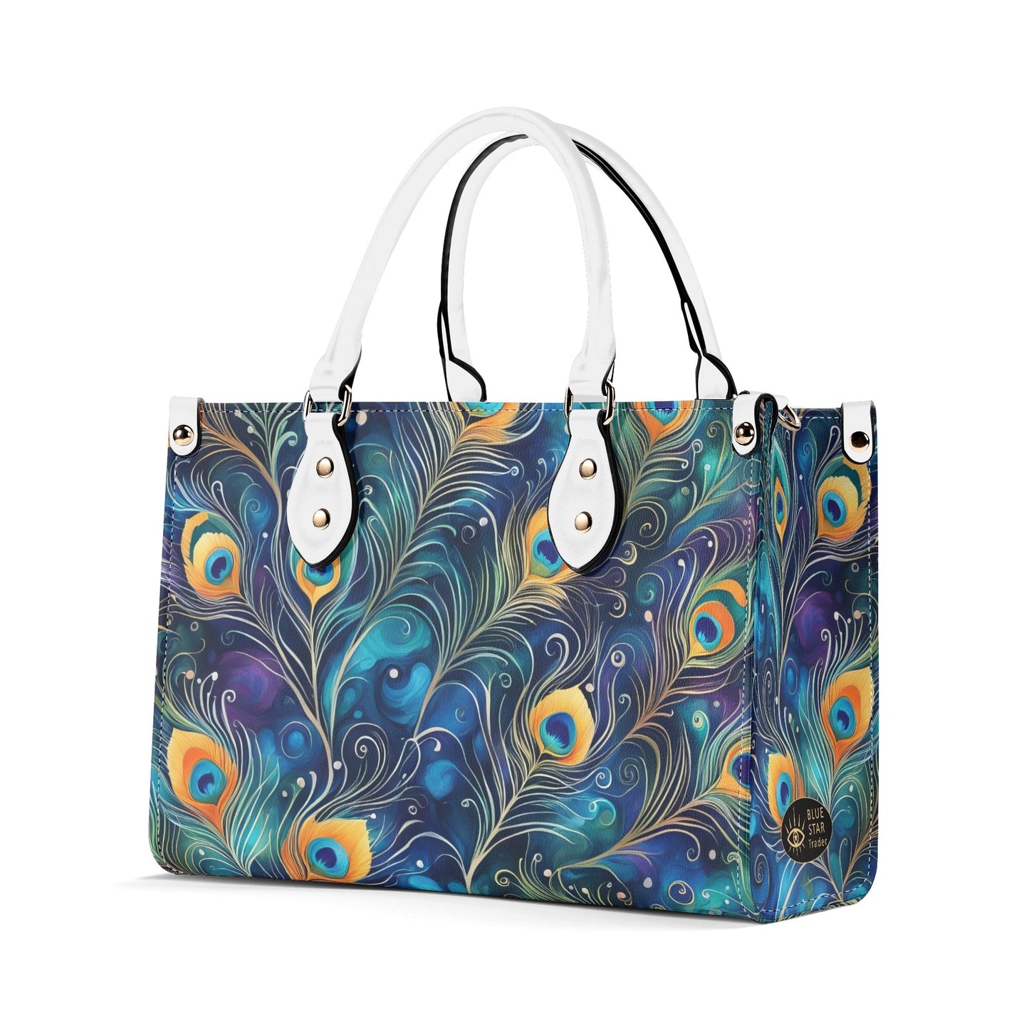 Blue Peacock Feathers Luxury Womens Vegan Leather Handbag