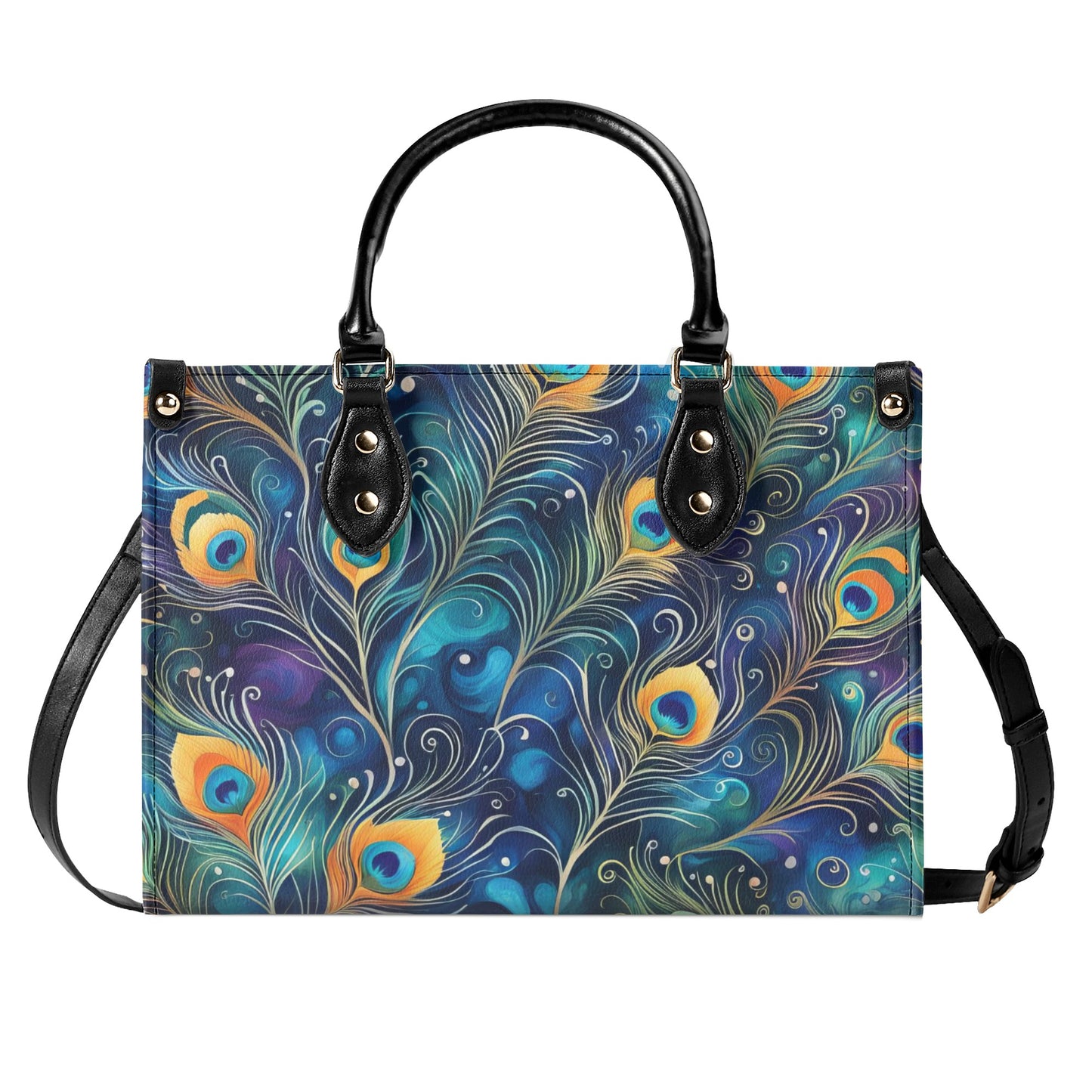 Blue Peacock Feathers Luxury Womens Vegan Leather Handbag