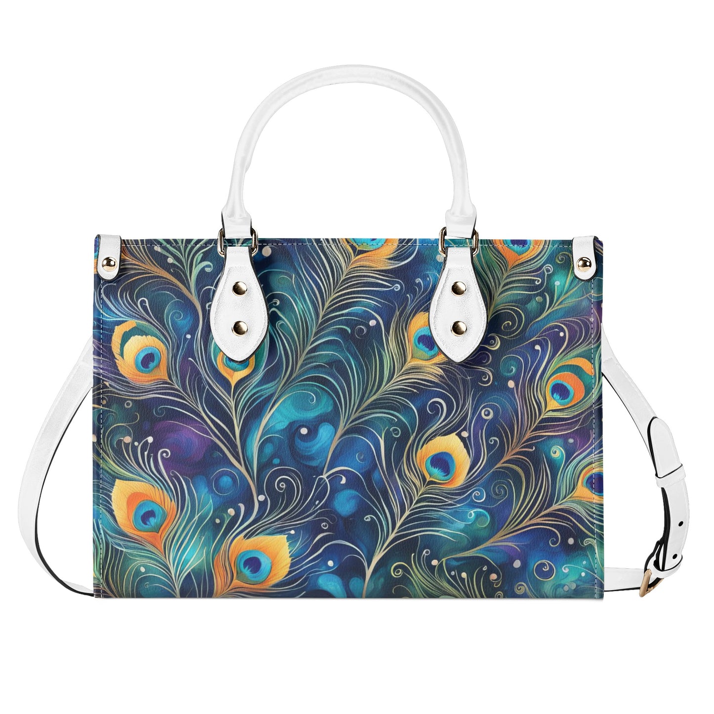 Blue Peacock Feathers Luxury Womens Vegan Leather Handbag