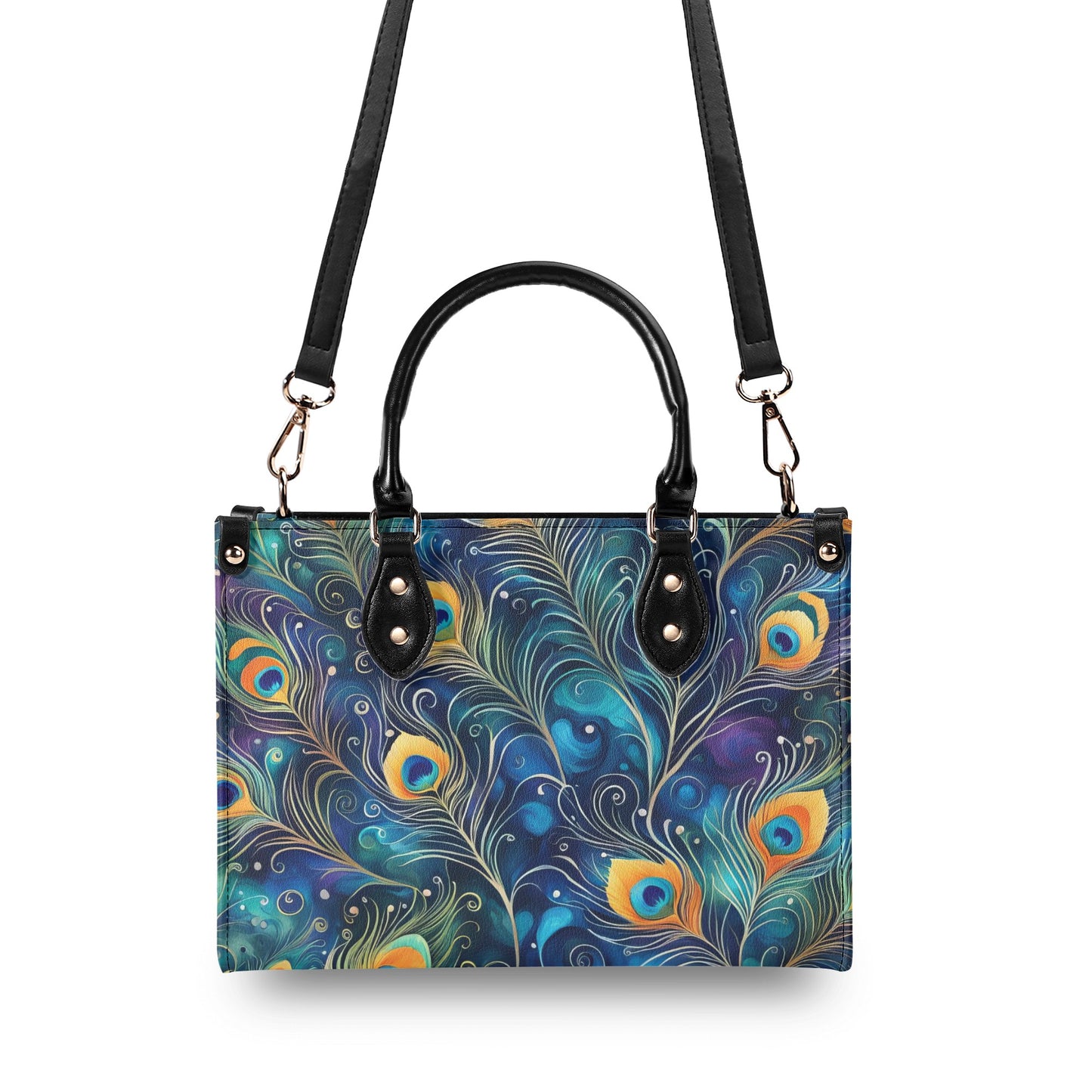 Blue Peacock Feathers Luxury Womens Vegan Leather Handbag