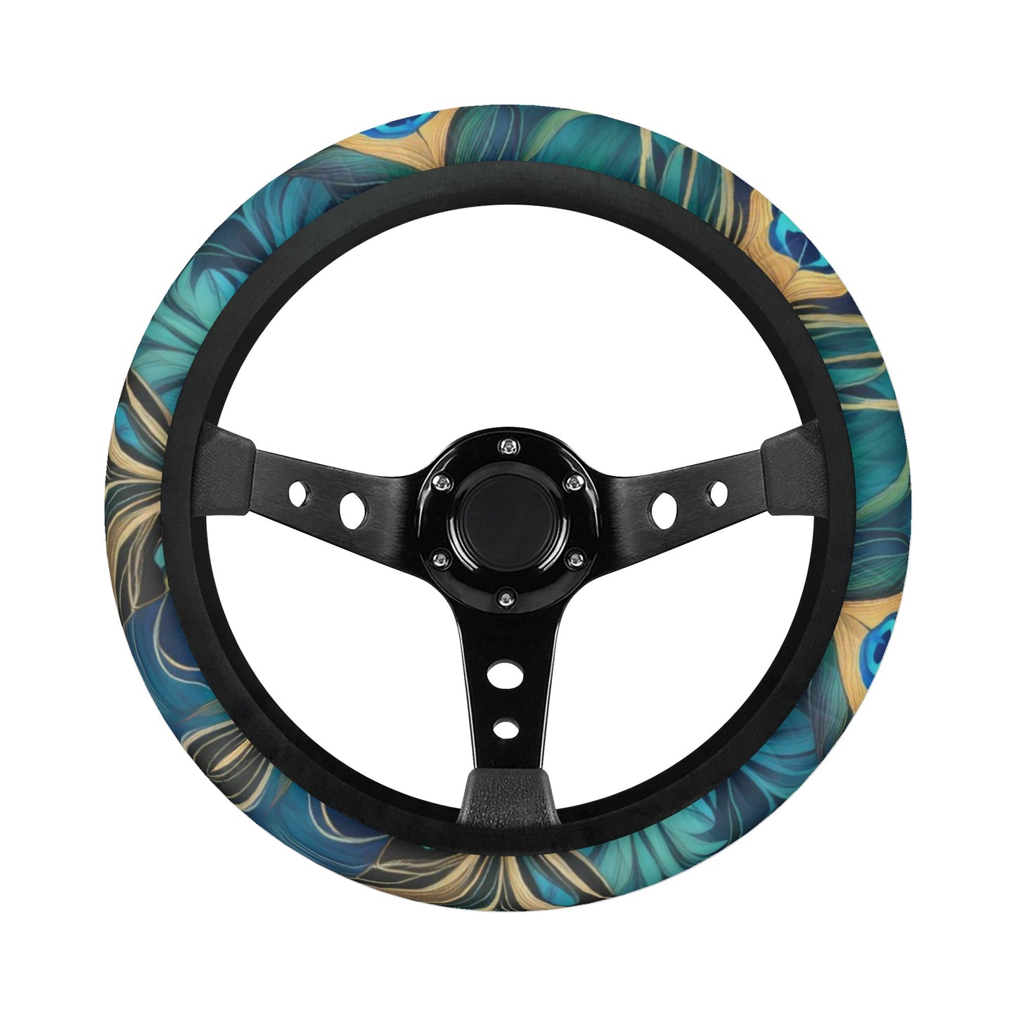 Teal Peacock Feathers Car Steering Wheel Cover