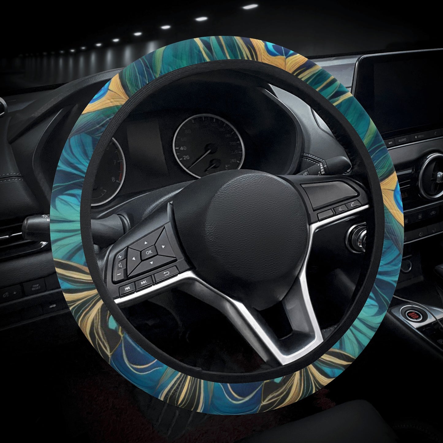 Teal Peacock Feathers Car Steering Wheel Cover