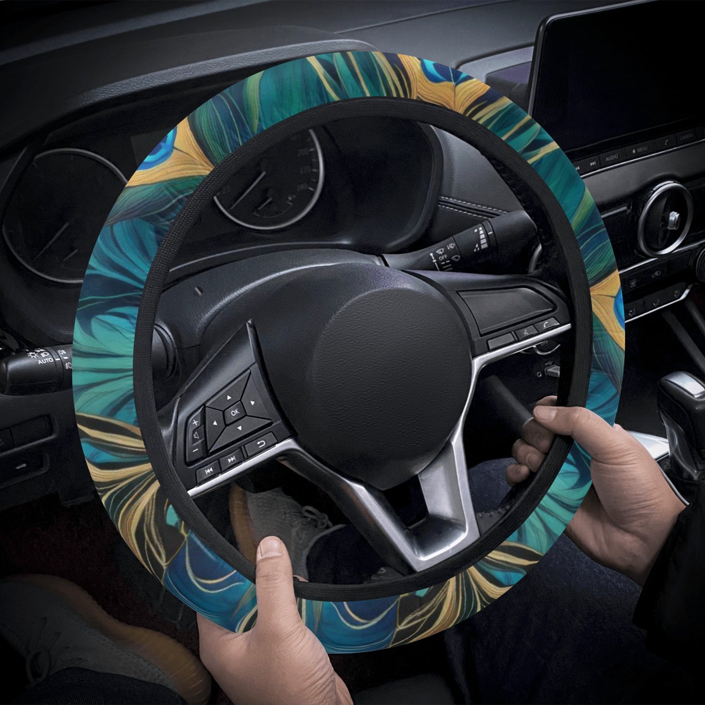 Teal Peacock Feathers Car Steering Wheel Cover