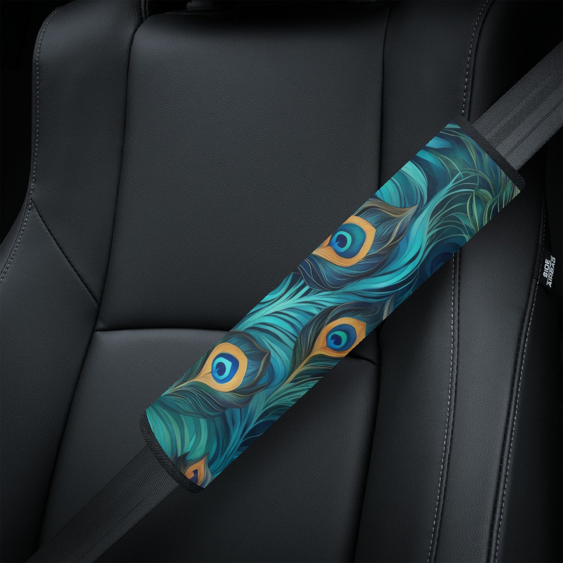 Teal Peacock Feathers Car Seat Belt Cover