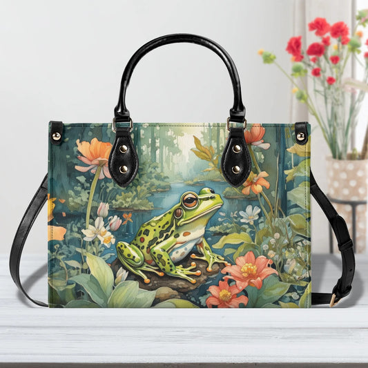 Cottagecore Green Frog Purse Luxury Womens Vegan Leather Handbag with Orange Flowers