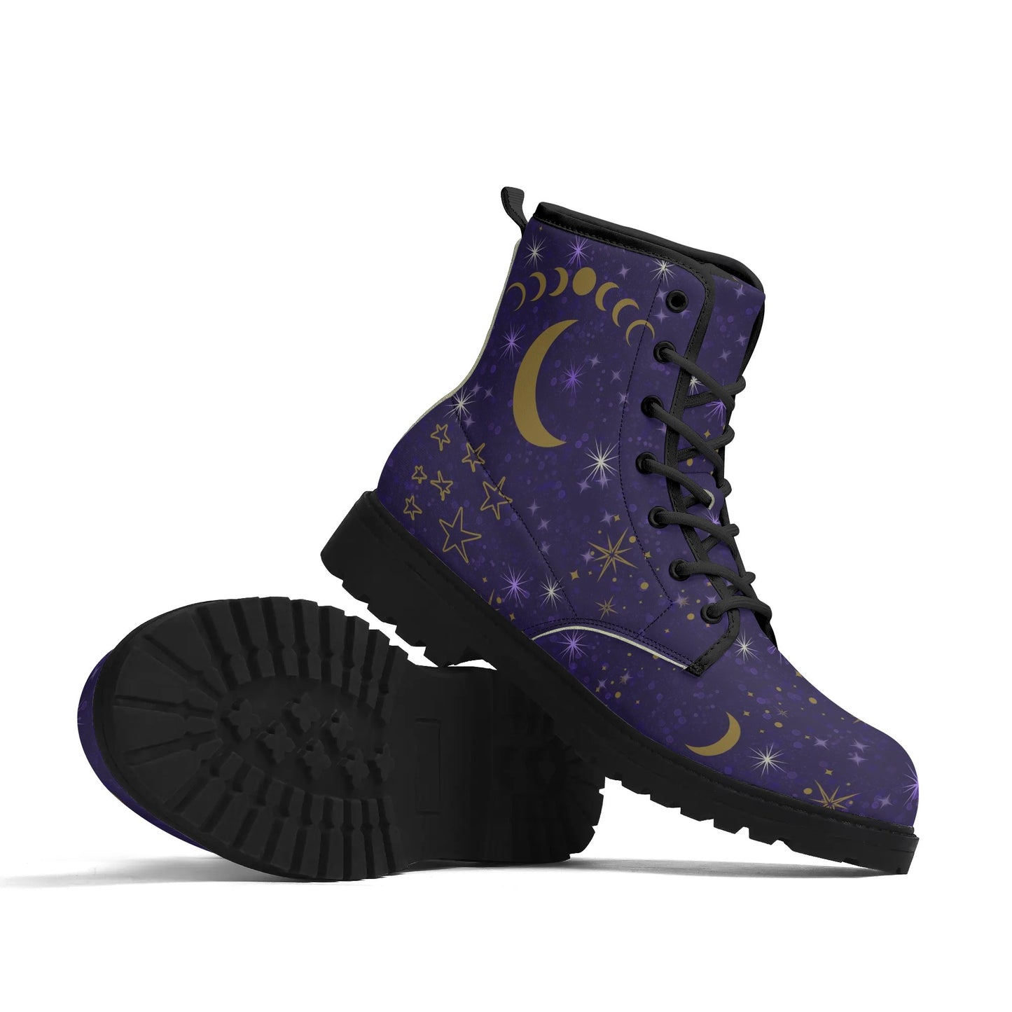 Purple Moon Phases Celestial Womens Upgraded Black Outsole Vegan Boots