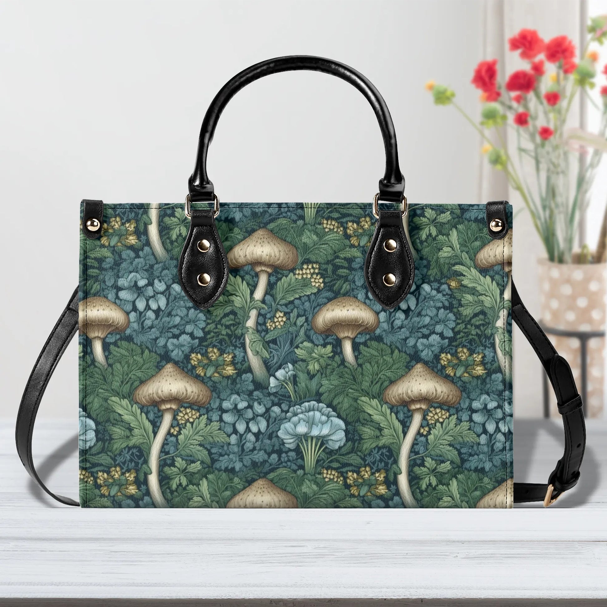 Blue Green Mushrooms Luxury Womens Vegan Leather Handbag