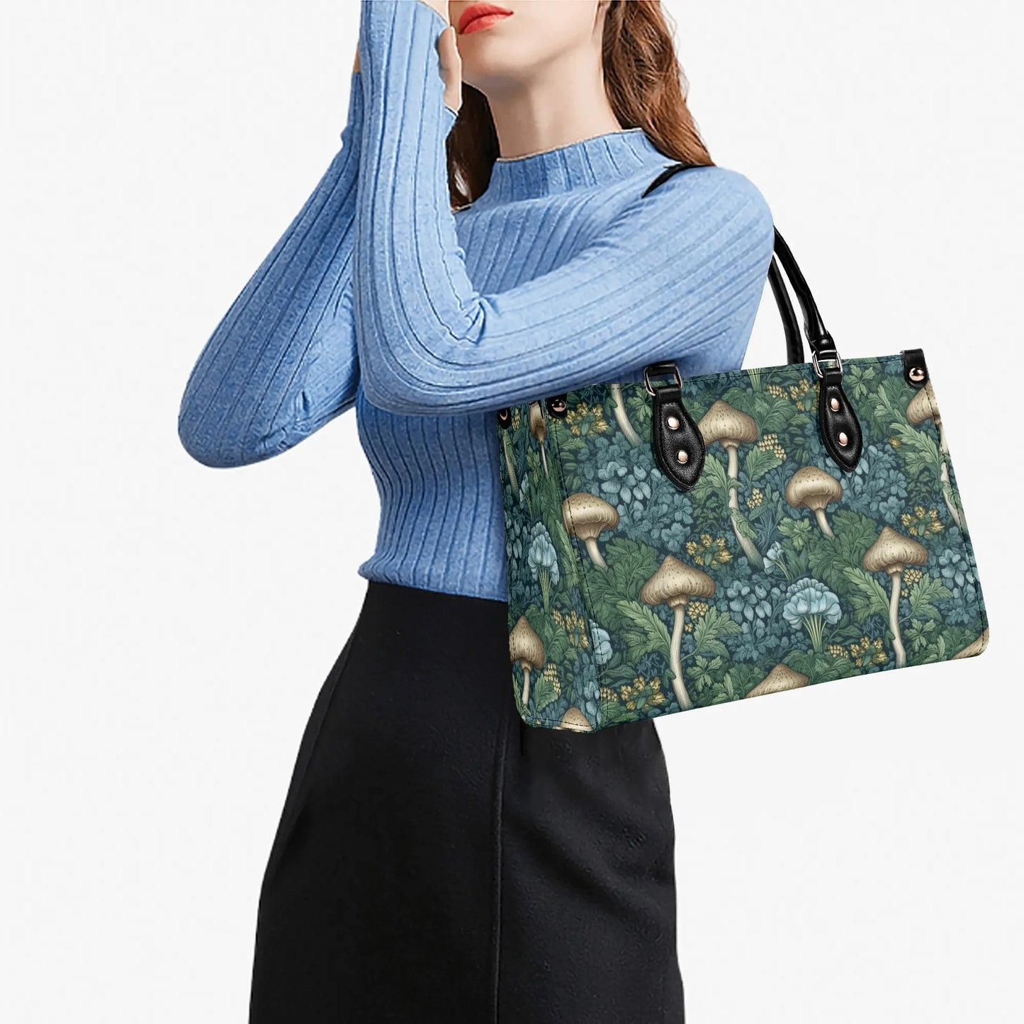 Blue Green Mushrooms Luxury Womens Vegan Leather Handbag