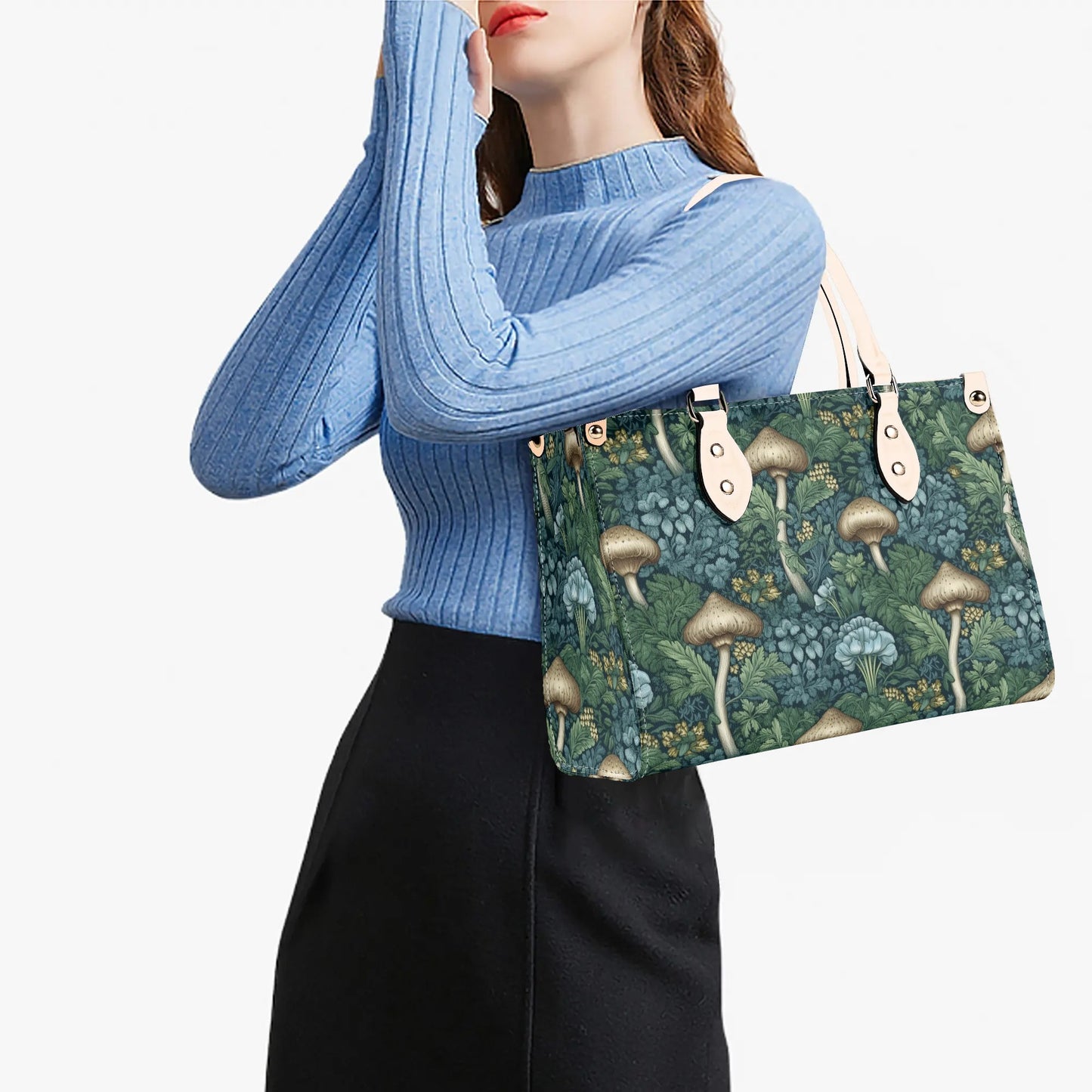 Blue Green Mushrooms Luxury Womens Vegan Leather Handbag