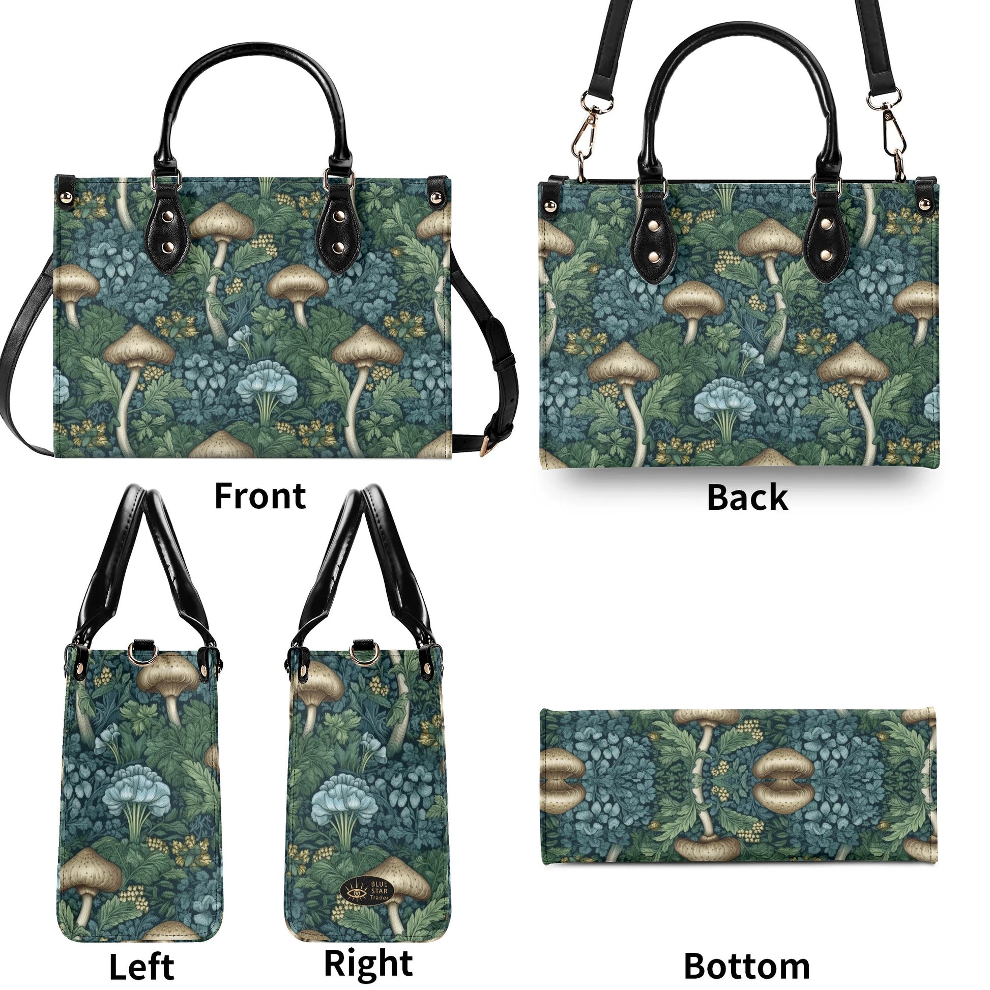 Blue Green Mushrooms Luxury Womens Vegan Leather Handbag