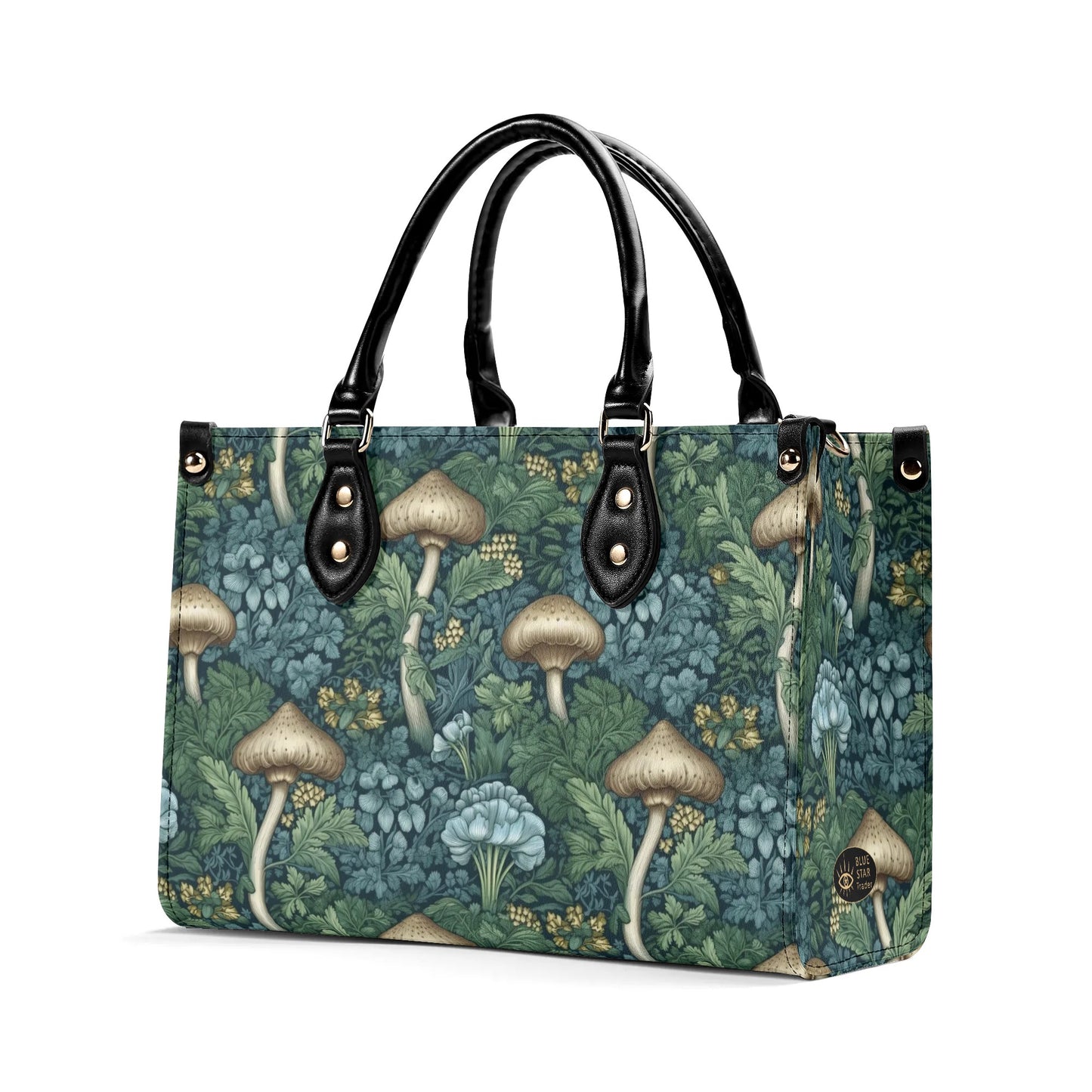Blue Green Mushrooms Luxury Womens Vegan Leather Handbag