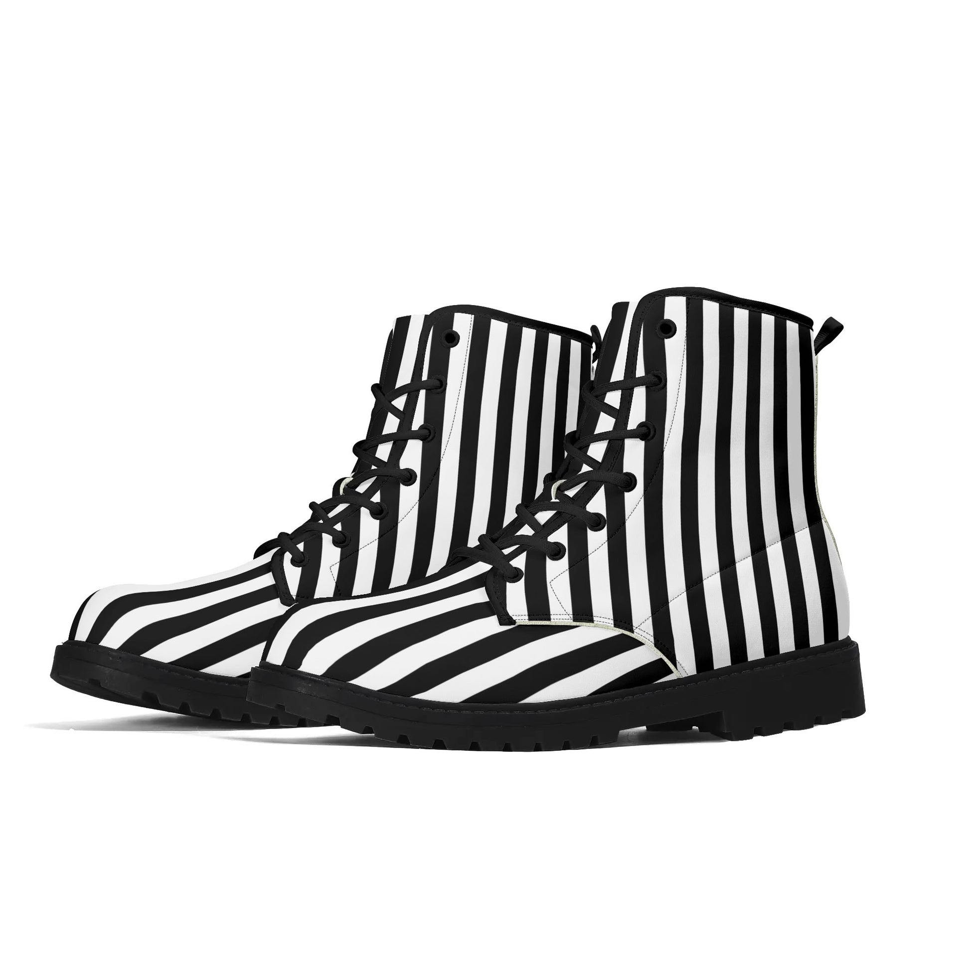 Mens Black White Stripes Vegan Boots, Unisex