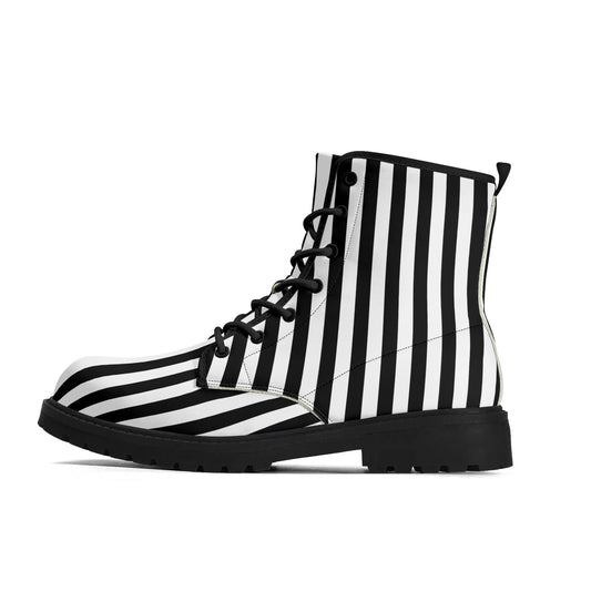 Mens Black White Stripes Vegan Boots, Unisex