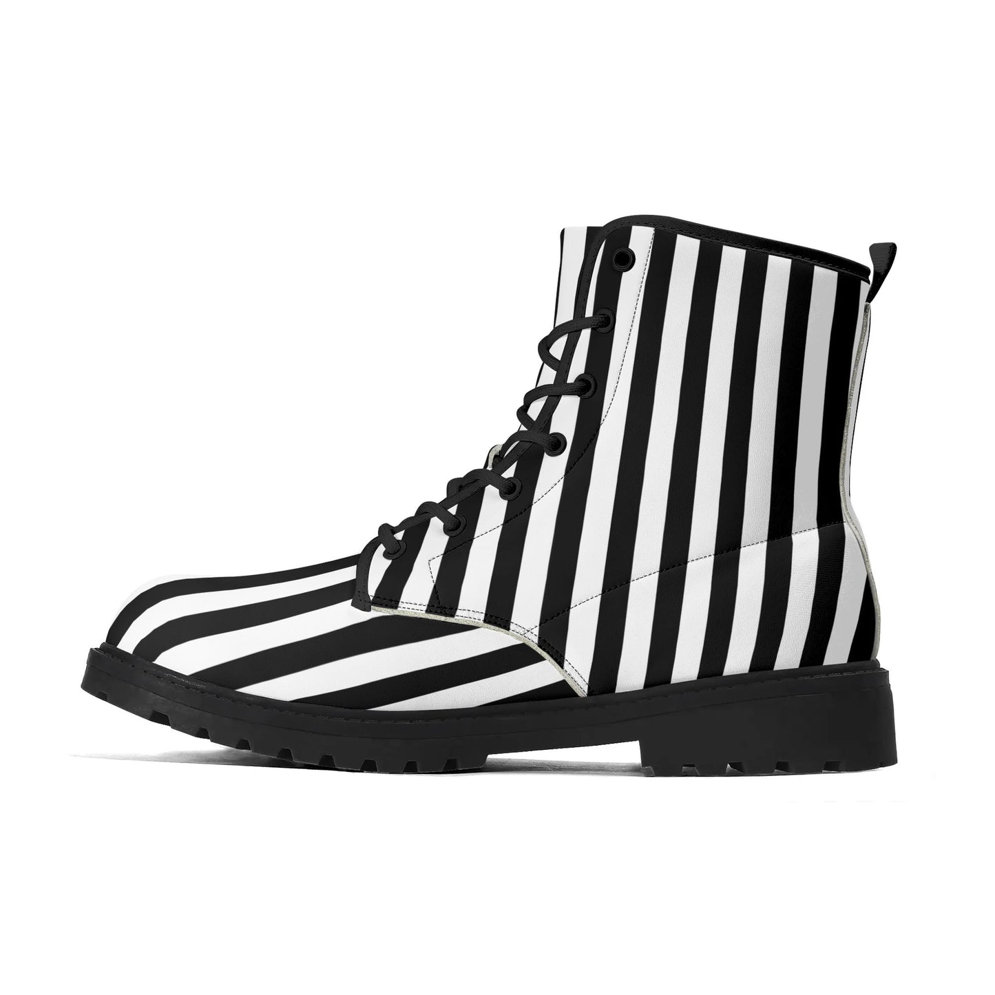 Mens Black White Stripes Vegan Boots, Unisex